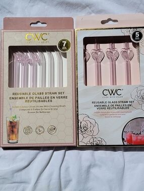 CWC Reusable Pink Glass Straws With Hearts & Bows - 2 Packs 12 Total Straws